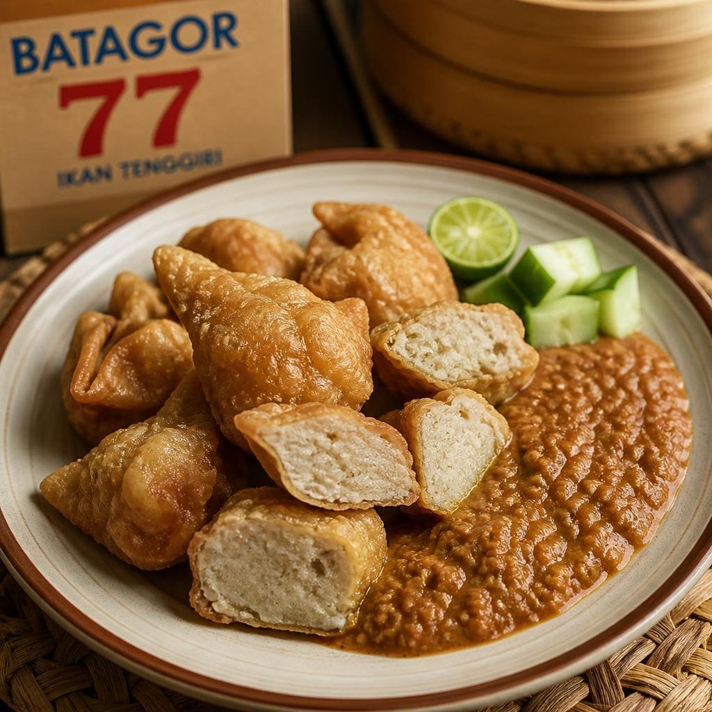 Batagor 77 Es Teler 77 dari ikan tenggiri dengan bumbu pelengkap